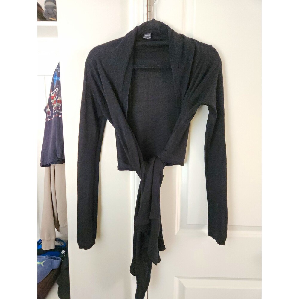 ​New York & Co Black Cropped Balletcore Tie Front Wrap Cardigan Sweater S/M